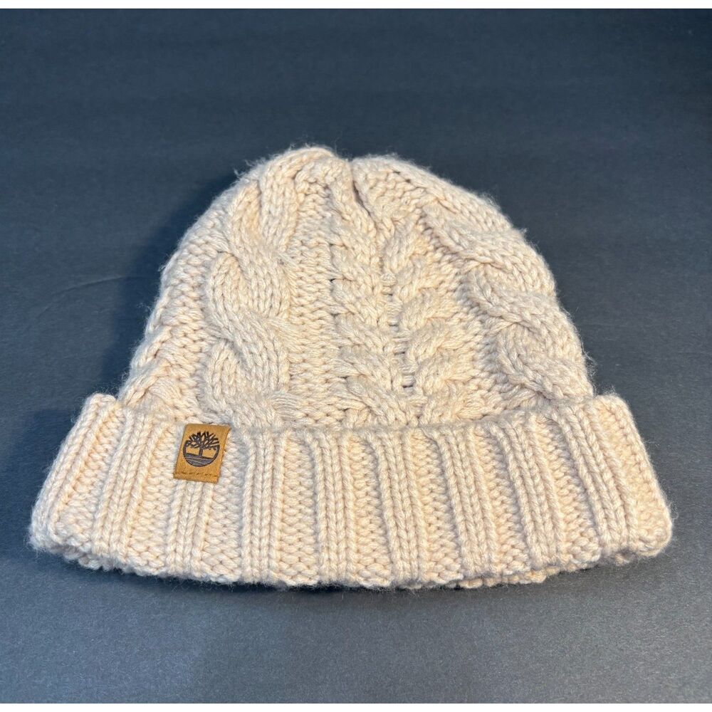 Timberland Cable-Knit Beanie – Beige Acrylic Folded Cuff, Cable Stitch, One Size